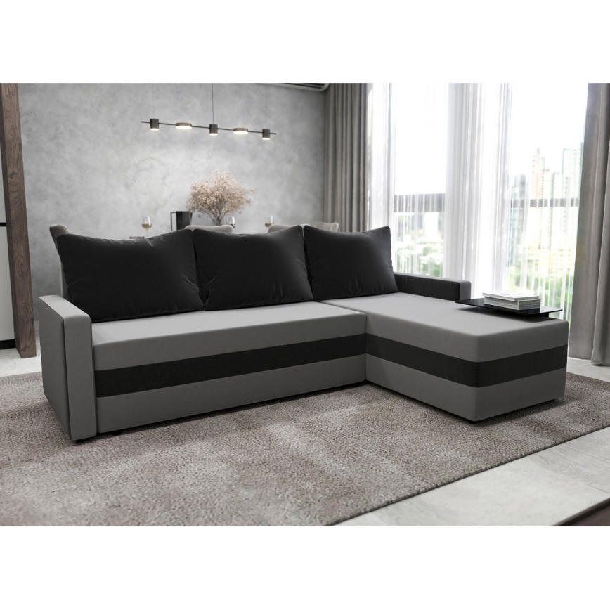 Tapicerowany, uniwersalny narożnik rozkładany BRISTOL w kształcie litery L — szary/czarny