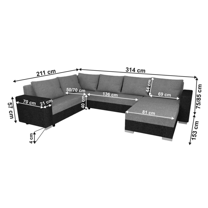 Tapicerowany uniwersalny narożnik rozkładany w kształcie U YORK czarny/antracyt