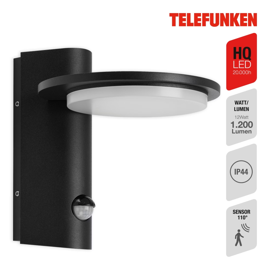 Telefunken 312505TF-LED Kinkiet zewnętrzny z czujnikiem LED/10W/230V IP44 czarny
