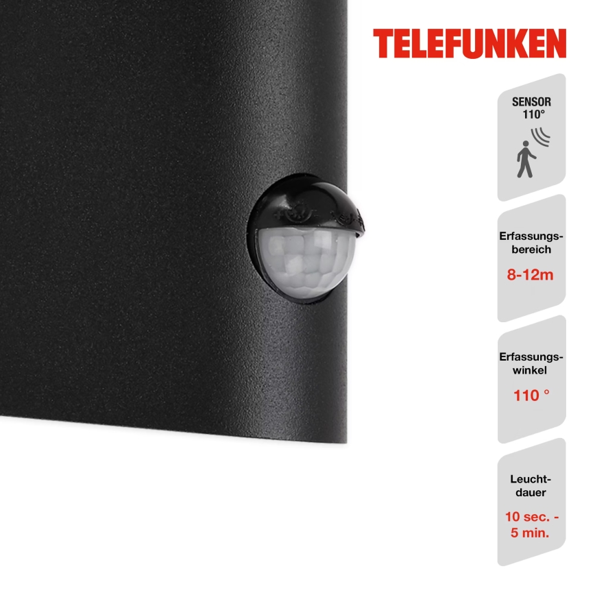 Telefunken 312505TF-LED Kinkiet zewnętrzny z czujnikiem LED/10W/230V IP44 czarny