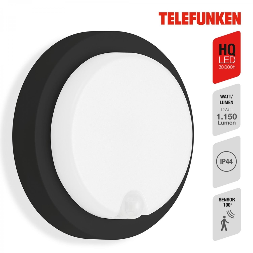Telefunken 315305TF - LED Kinkiet zewnętrzny z czujnikiem LED/12W/230V IP44 czarny