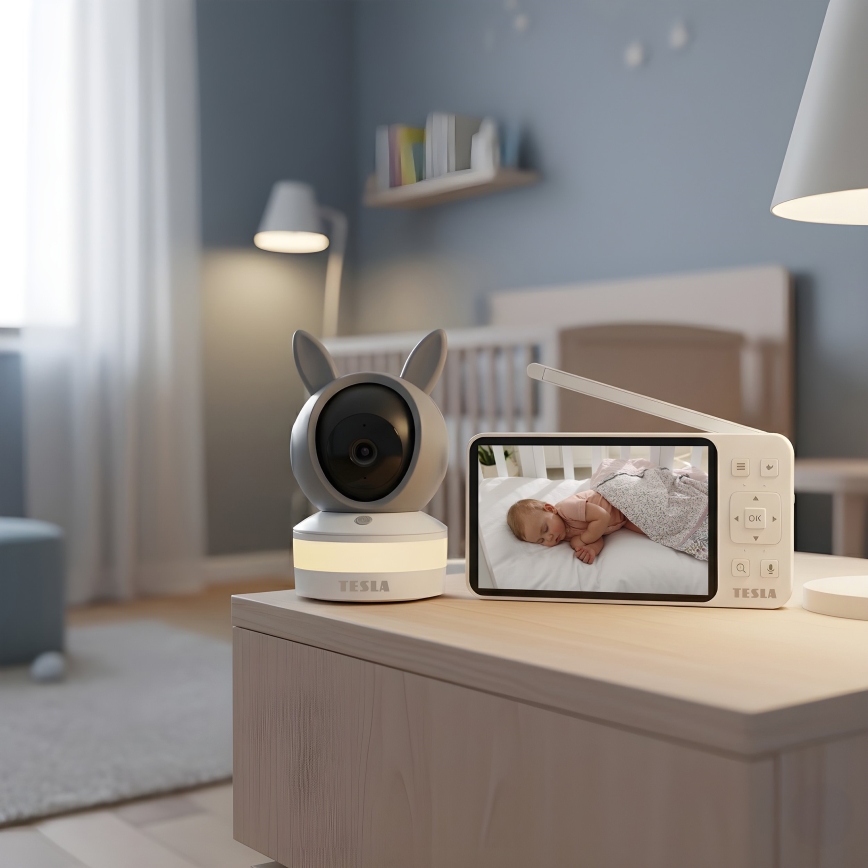 TESLA Electronics Bambino - Inteligentna niania z monitorem 4 MP 2560p 5V 5000 mAh Wi-Fi Tuya szary/biały