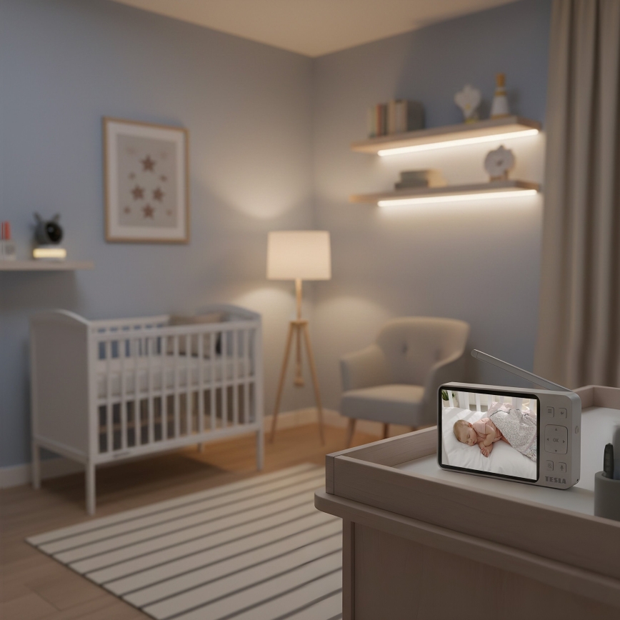 TESLA Electronics Bambino - Inteligentna niania z monitorem 4 MP 2560p 5V 5000 mAh Wi-Fi Tuya szary/biały