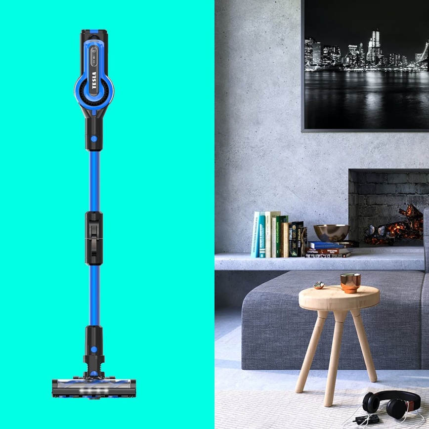 TESLA Electronics PureStar - Elastyczny bezprzewodowy odkurzacz pionowy 3w1 300W/2200 mAh czarny/niebieski