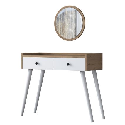 Toaletka RANI 98,6x83,8 cm + lustro ścienne o średnicy 40 cm brązowo-białe