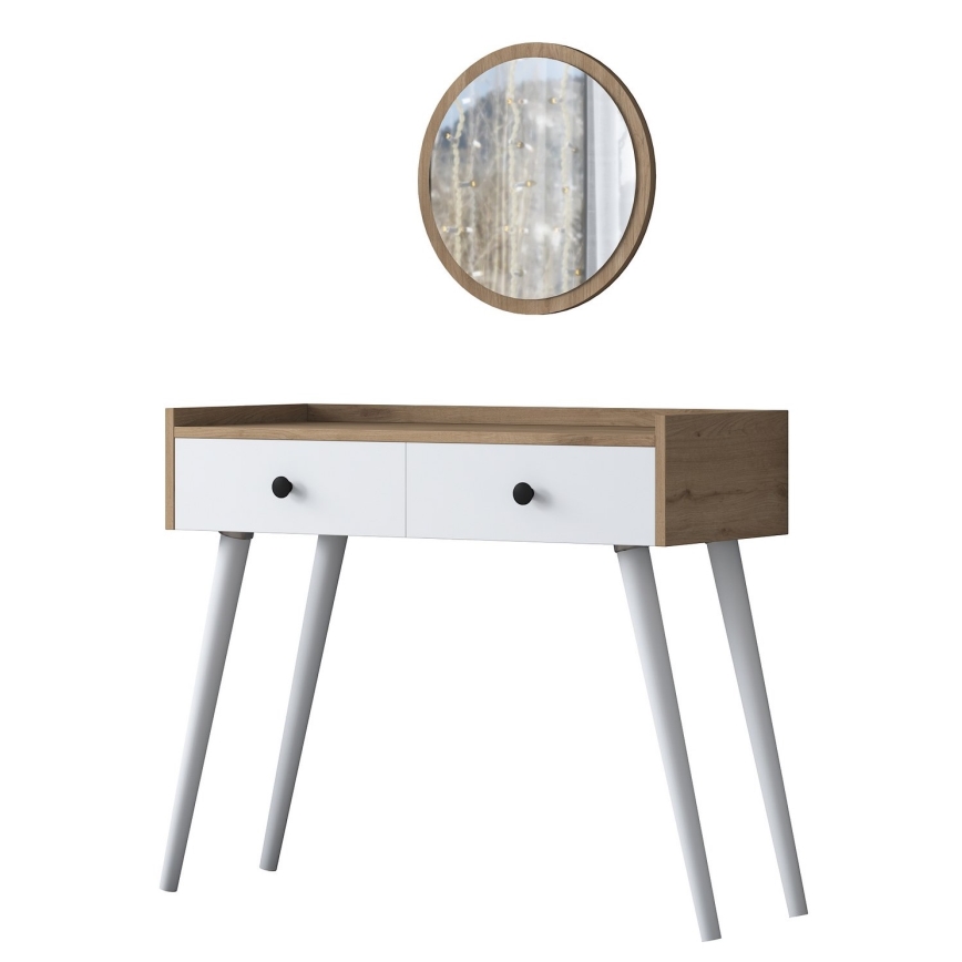 Toaletka RANI 98,6x83,8 cm + lustro ścienne o średnicy 40 cm brązowo-białe