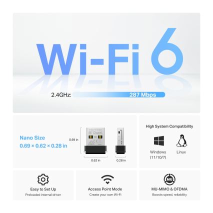 TP-Link - Bezprzewodowy nano adapter USB Wi-Fi 6 Archer TX1U Nano