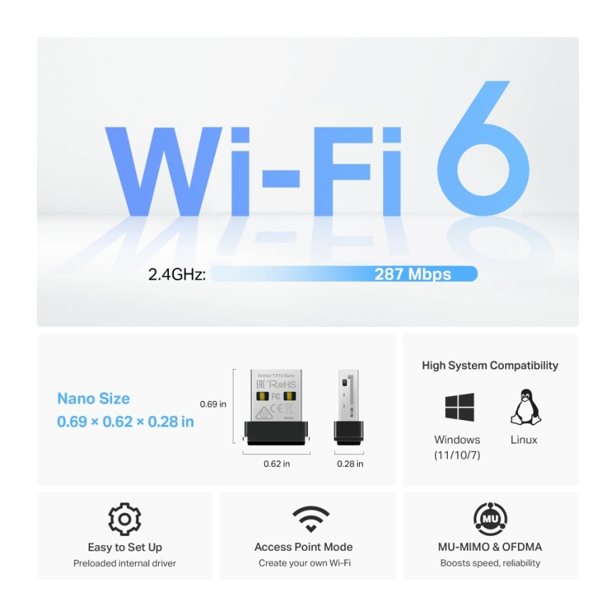 TP-Link - Bezprzewodowy nano adapter USB Wi-Fi 6 Archer TX1U Nano