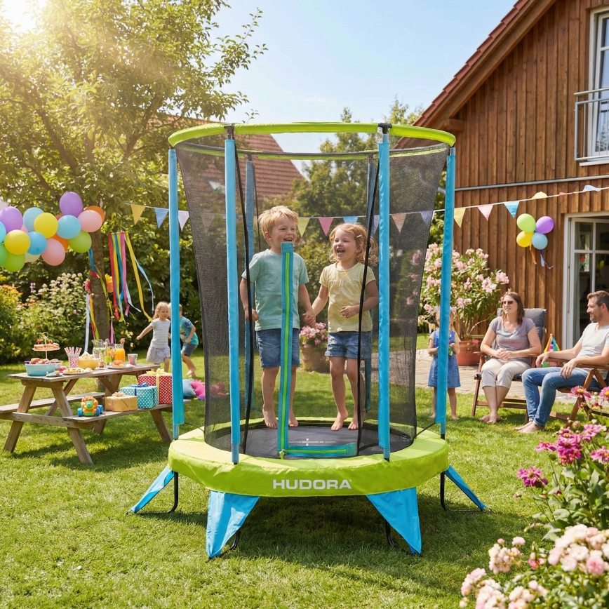 Trampolina dziecięca o średnicy 140 cm, niebiesko‑zielona