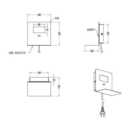 Trio - LED Kinkiet z półką ALOFT LED/3W/230V + USB port