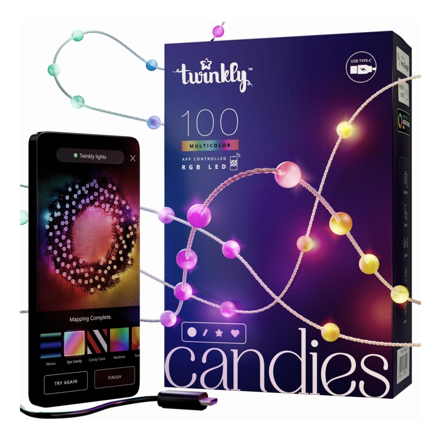 Twinkly - LED RGB Ściemnialny łańcuch bożonarodzeniowy CANDIES 100xLED 8 m USB Wi-Fi