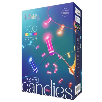 Twinkly - LED RGB ściemnialny łańcuch świetlny CANDIES, 200 diod LED, 14 m, zasilanie USB, Wi‑Fi