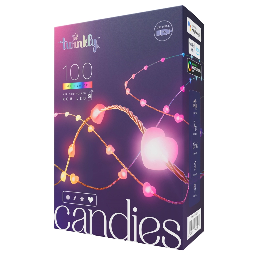 Twinkly - ściemnialny łańcuch LED RGB CANDIES, 100 diod LED, 8 m, USB, Wi-Fi