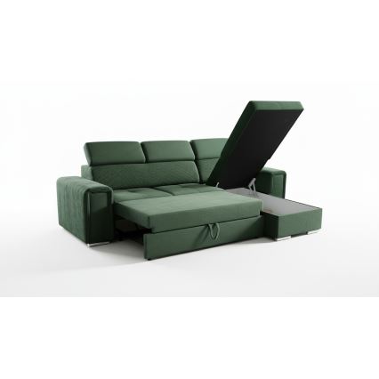 Uniwersalny narożnik rozkładany w kształcie L z pojemnikiem SALVADA zielony