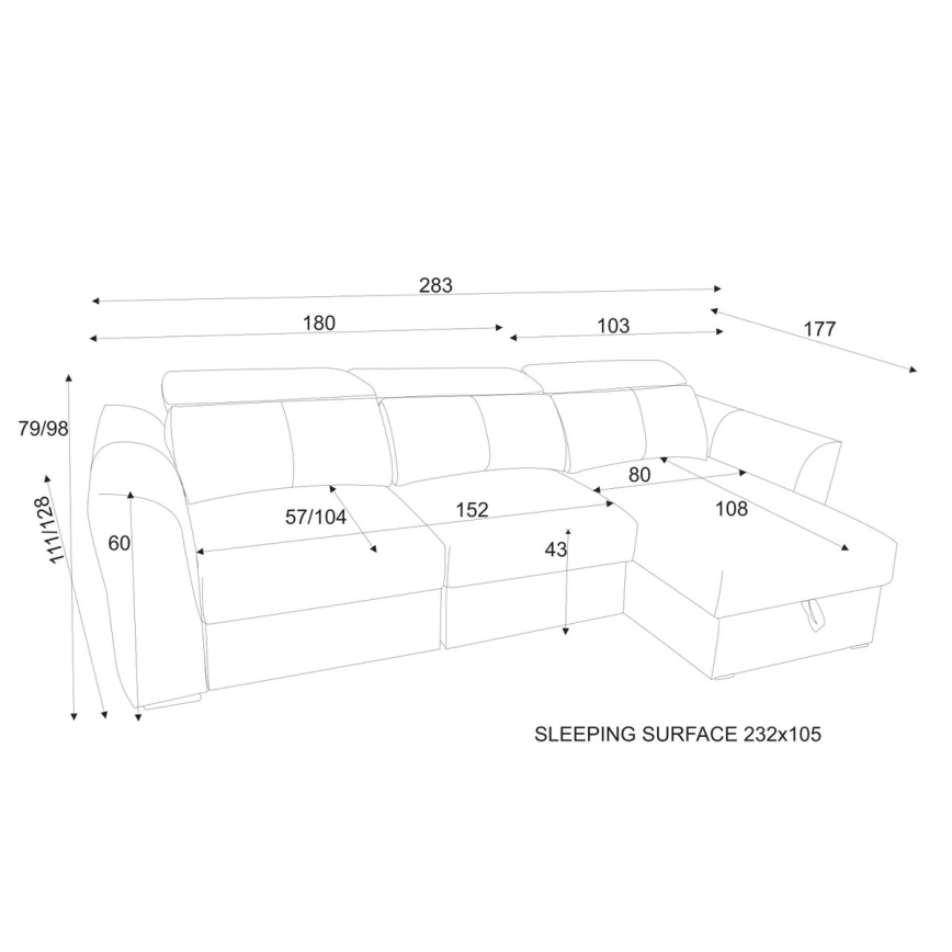 Uniwersalna narożna rozkładana sofa 3-osobowa z pojemnikiem TRENTO jasnoszara