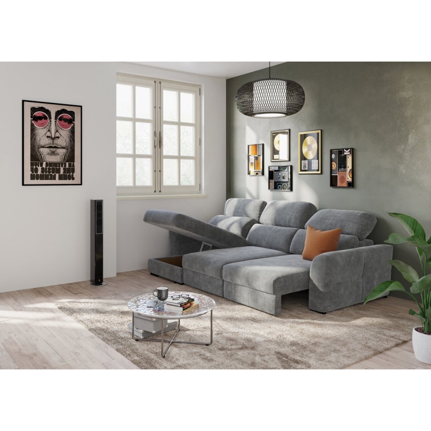 Uniwersalna rozkładana sofa narożna trzyosobowa z miejscem do przechowywania TRENTO szary