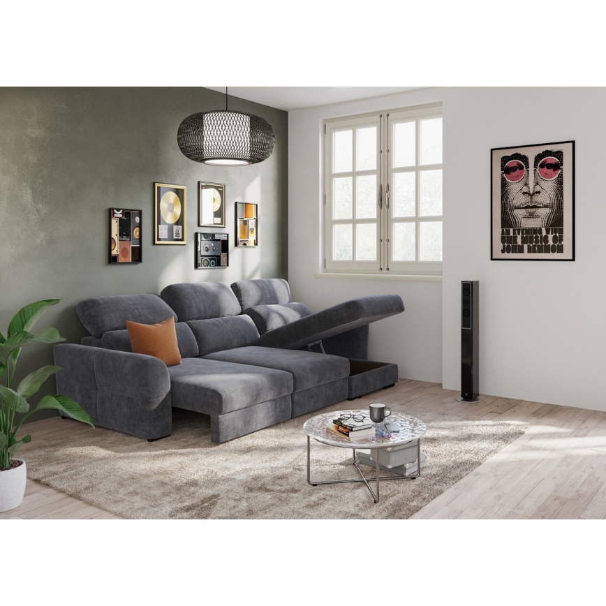Uniwersalna rozkładana sofa narożna z miejscem do przechowywania TRENTO antracyt