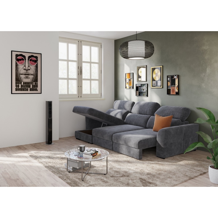 Uniwersalna rozkładana sofa narożna z miejscem do przechowywania TRENTO antracyt