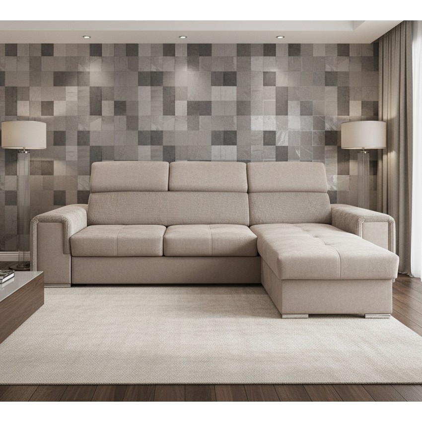 Uniwersalny narożnik rozkładany w kształcie L z pojemnikiem na pościel SALVADA beżowy