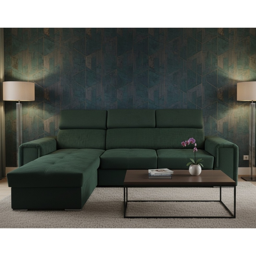 Uniwersalny narożnik rozkładany w kształcie L z pojemnikiem SALVADA zielony