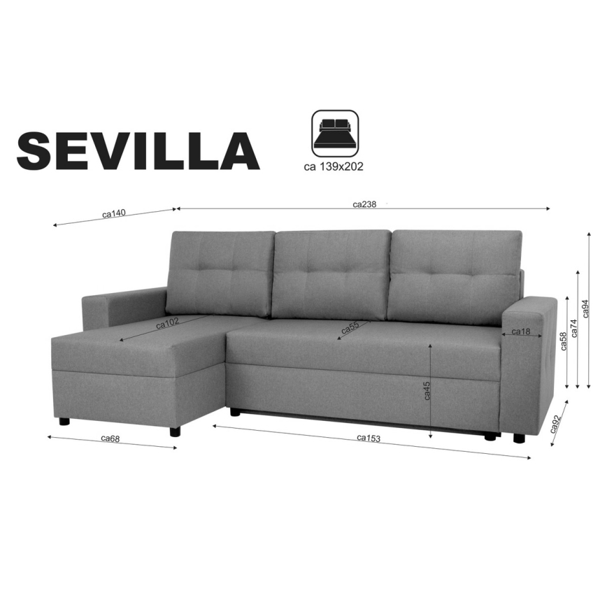 Uniwersalny narożnik z funkcją spania i pojemnikiem na pościel SEVILLA antracyt