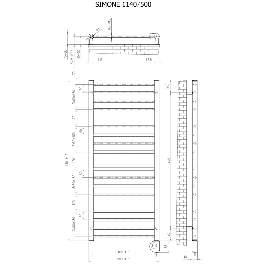 Vertaduro - Grzejnik łazienkowy z termostatem SIMONE 400 W 114x50 cm czarny