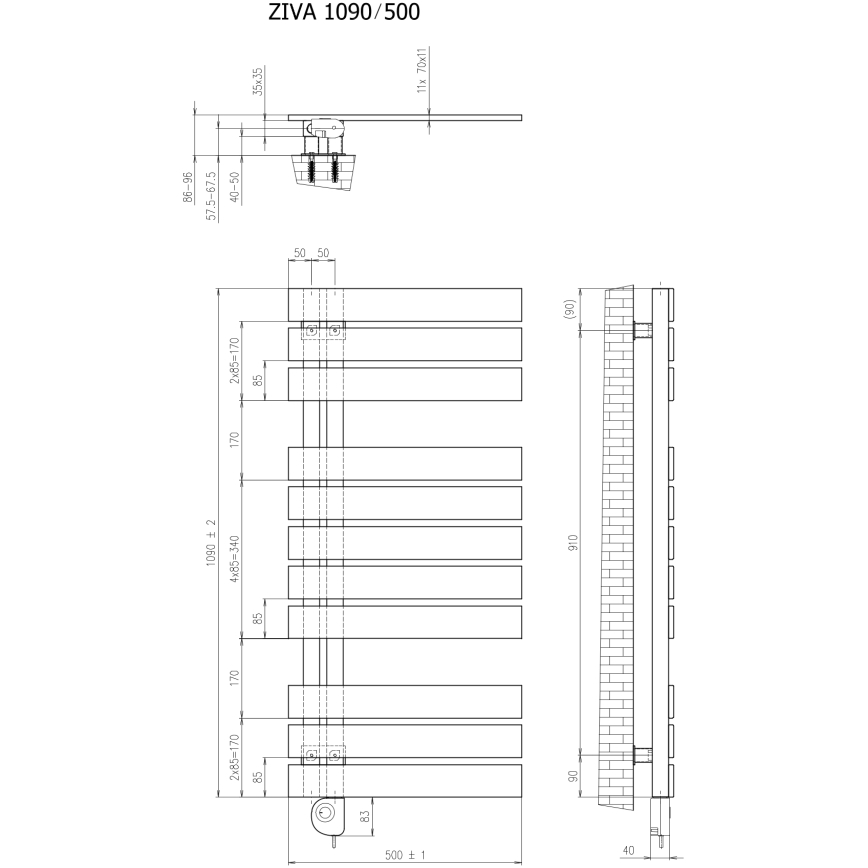 Vertaduro - Grzejnik łazienkowy z termostatem ZIVA 500W 109x50 cm czarny