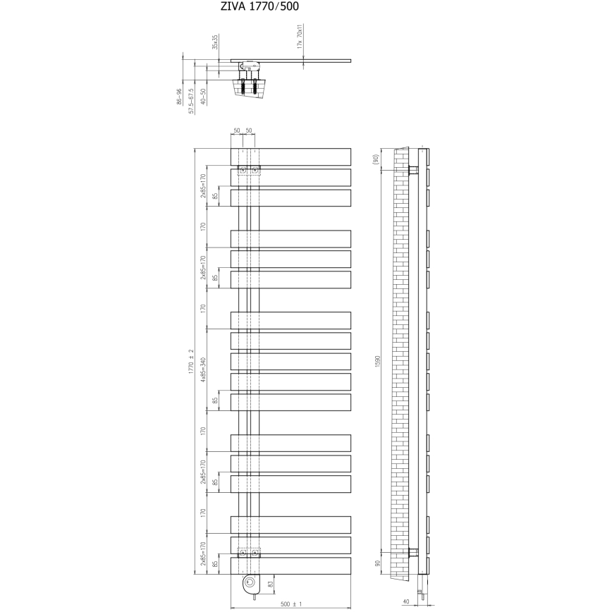 Vertaduro - Grzejnik łazienkowy z termostatem ZIVA, 800 W, 177x50 cm, biały