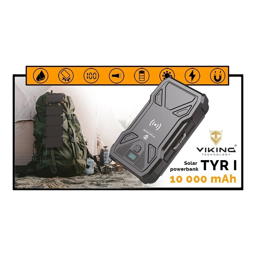 Viking - Powerbank z latarką LED, ładowaniem bezprzewodowym i panelem słonecznym Power Delivery 22,5W/10000 mAh