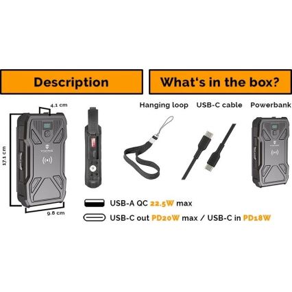 Viking - Powerbank z latarką LED, ładowaniem bezprzewodowym i panelem słonecznym Power Delivery 22,5W/10000 mAh