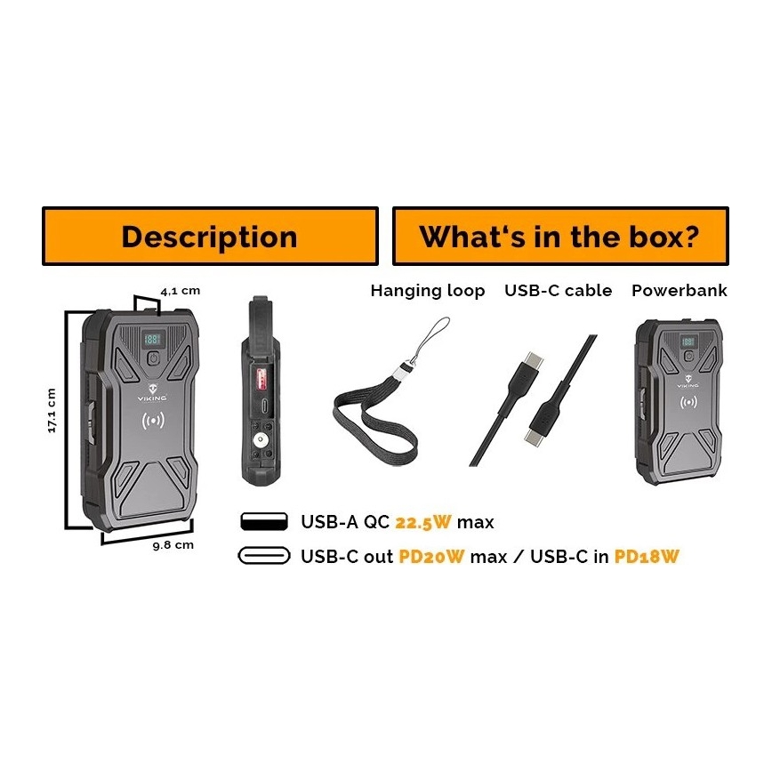 Viking - Powerbank z latarką LED, ładowaniem bezprzewodowym i panelem słonecznym Power Delivery 22,5W/10000 mAh