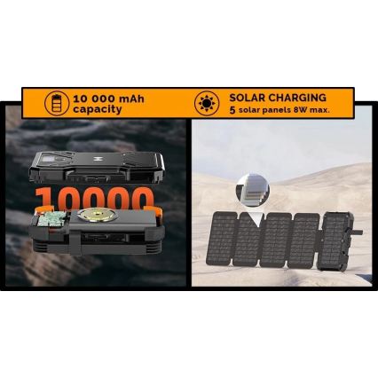 Viking - Powerbank z latarką LED, ładowaniem bezprzewodowym i panelem słonecznym Power Delivery 22,5W/10000 mAh