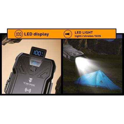 Viking - Powerbank z latarką LED, ładowaniem bezprzewodowym i panelem słonecznym Power Delivery 22,5W/10000 mAh