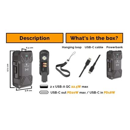 Viking - powerbank z lampką LED, ładowaniem bezprzewodowym i panelem solarnym, Power Delivery 22,5 W / 30 000 mAh