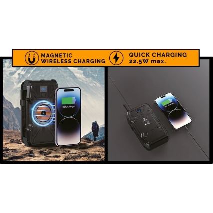 Viking - powerbank z lampką LED, ładowaniem bezprzewodowym i panelem solarnym, Power Delivery 22,5 W / 30 000 mAh