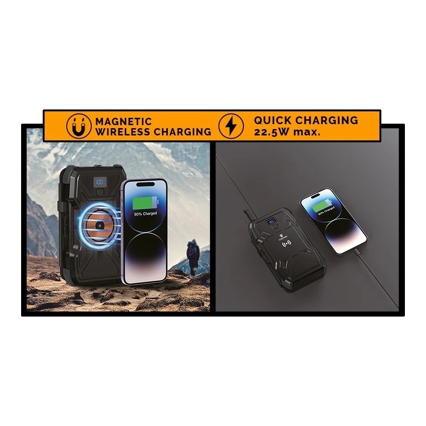 Viking - powerbank z lampką LED, ładowaniem bezprzewodowym i panelem solarnym, Power Delivery 22,5 W / 30 000 mAh