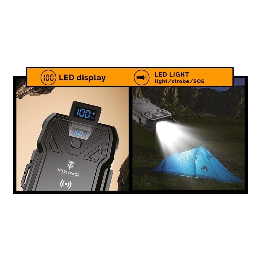 Viking - powerbank z lampką LED, ładowaniem bezprzewodowym i panelem solarnym, Power Delivery 22,5 W / 30 000 mAh