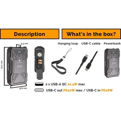 Viking - powerbank z latarką LED, bezprzewodowym ładowaniem i panelem solarnym Power Delivery 22,5W/20000 mAh