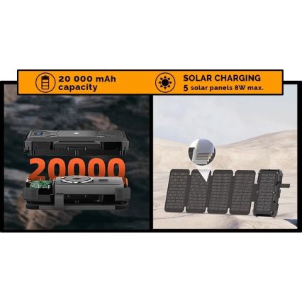 Viking - powerbank z latarką LED, bezprzewodowym ładowaniem i panelem solarnym Power Delivery 22,5W/20000 mAh