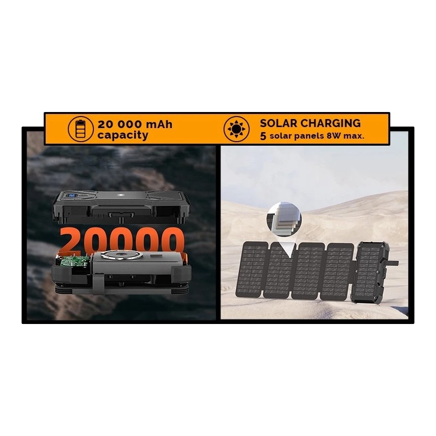 Viking - powerbank z latarką LED, bezprzewodowym ładowaniem i panelem solarnym Power Delivery 22,5W/20000 mAh