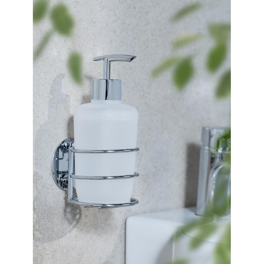 WENKO 18777100-Dozownik mydła TURBO-LOC, okrągły, stalowy, 7,5x16,5 cm, błyszczący chrom/biały