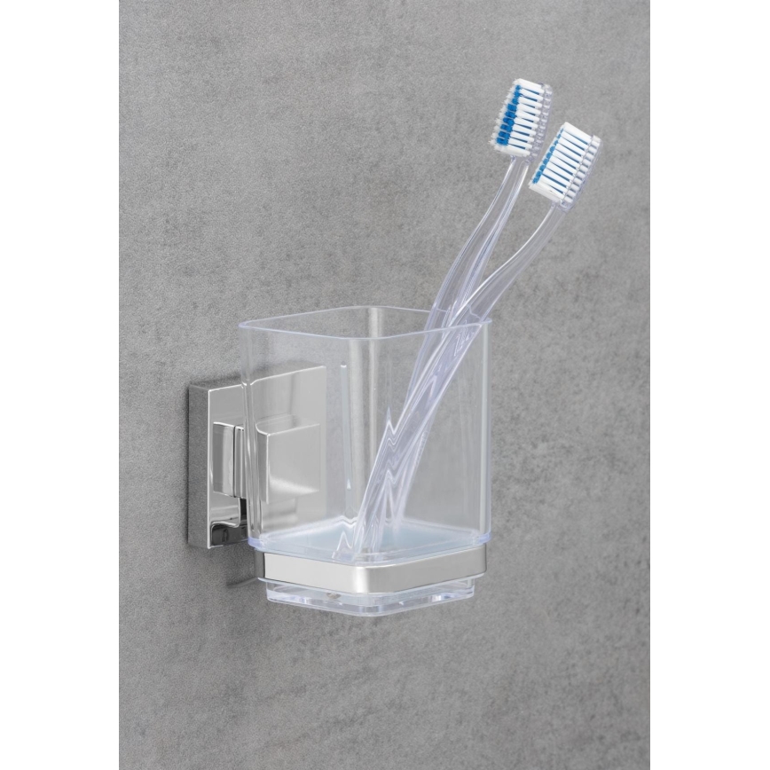 WENKO 22680100 - Kubek VACUUM-LOC QUADRO ED 7,5 x 10 cm, srebrny / chrom błyszczący / przezroczysty