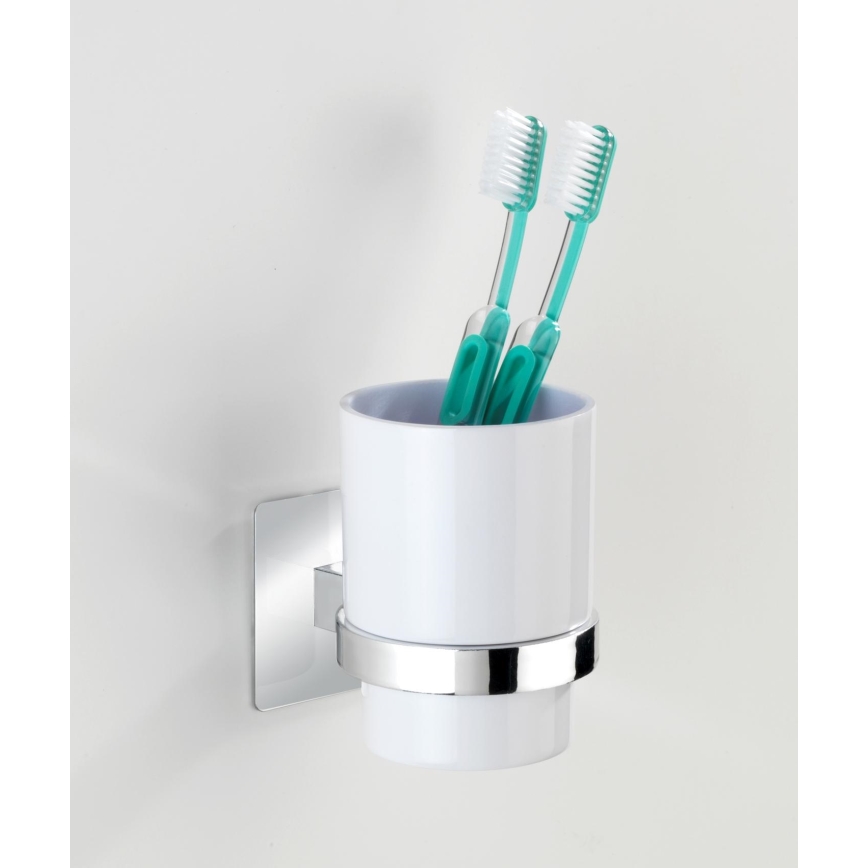 WENKO 23847800-Kubek na szczoteczki TURBO-LOC QUADRO ED. 7x9,5 cm chrom połysk/biały