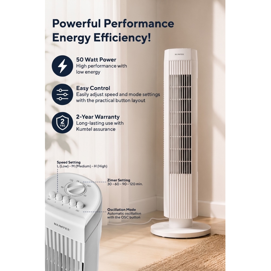 Wentylator kolumnowy 50W/230V 74,5 cm biały