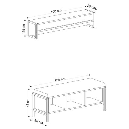 Wieszak ścienny SHANA 24x100 cm + szafka na buty 43x100 cm brąz/czarny