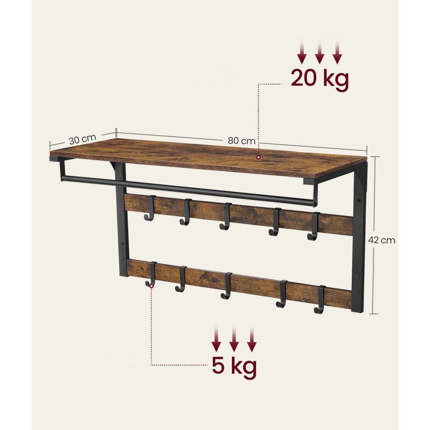 Wieszak ścienny z półką NATE brązowy/czarny