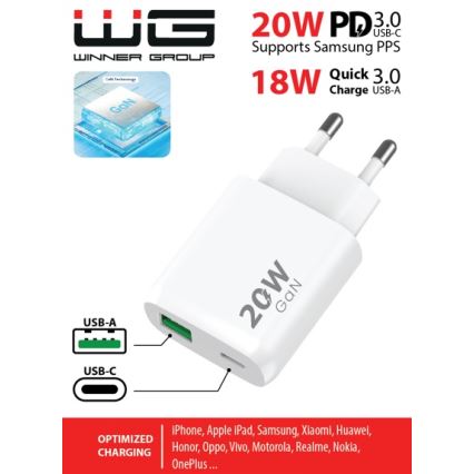 Winner Group - Adapter do szybkiego ładowania 1xUSB-C + 1xUSB-A Power Delivery 20W biały