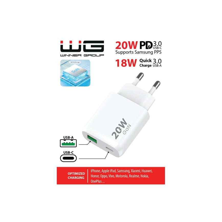 Winner Group - Adapter do szybkiego ładowania 1xUSB-C + 1xUSB-A Power Delivery 20W biały
