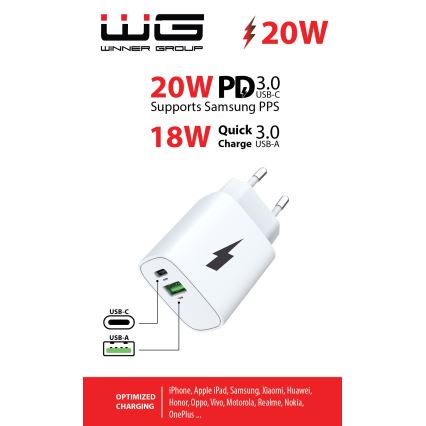 Winner Group - Adapter do szybkiego ładowania 1xUSB-C + 1xUSB-A Power Delivery 20W biały