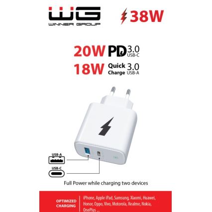 Winner Group - Adapter do szybkiego ładowania 1xUSB-C + 1xUSB-A Power Delivery 38W biały